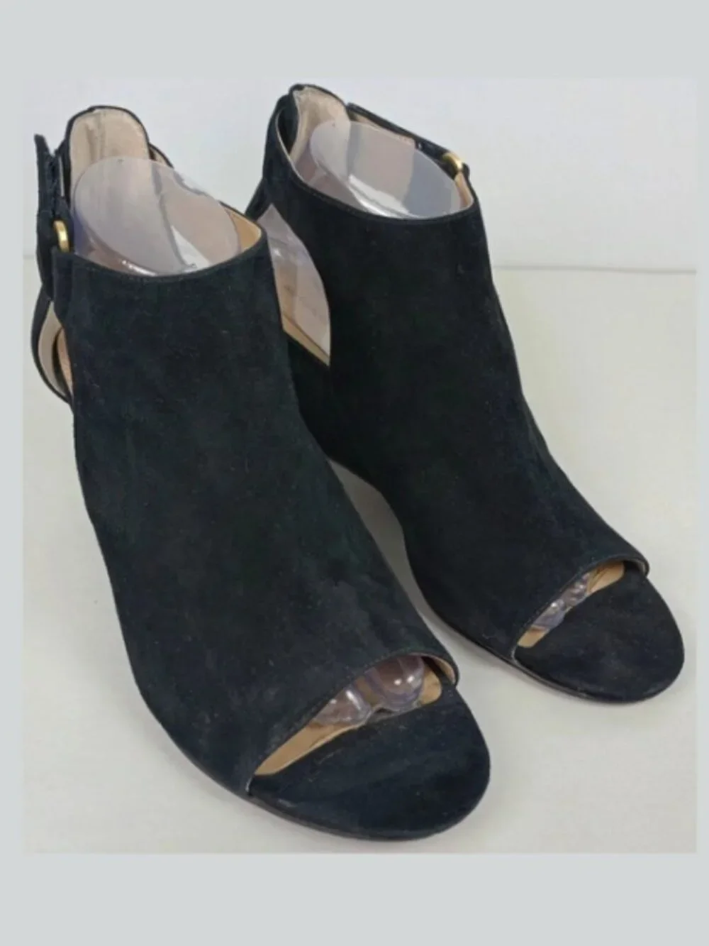 Adrienne Vittadini Women 8.5M Black Fine Leather‎ Suede Ankle Wedge Heel Sandals